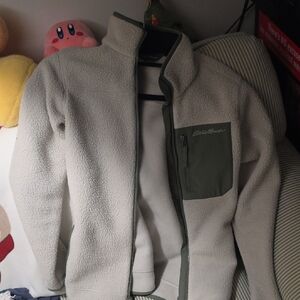 Eddie Bauer Cream Sherpa Jacket with Olive Chest Pocket